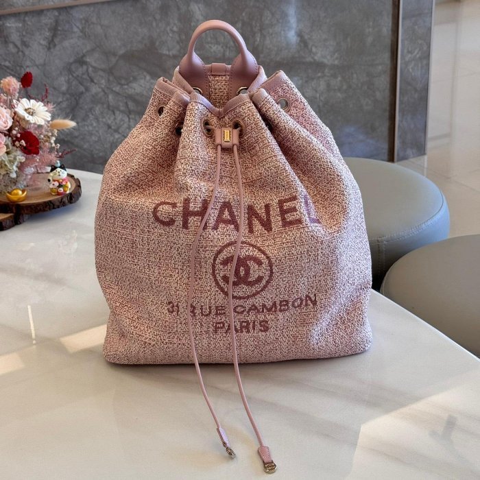 *SHIHNA名牌精品*CHANEL 粉色毛呢 牛皮 Deauville Backpack 後背包-1