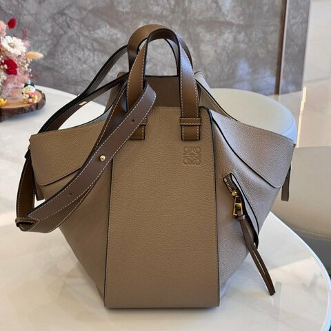 *SHIHNA名牌精品*LOEWE Hammock 吊床包雙色粒面小牛皮拉鍊側邊手提/肩背二用包