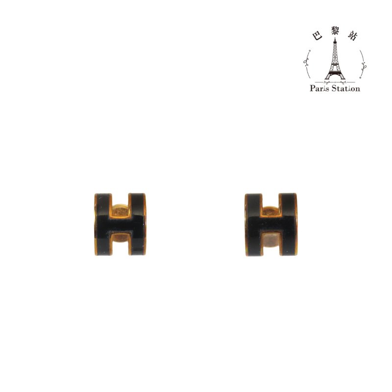 【巴黎站二手名牌專賣店】＊現貨＊HERMES 愛馬仕 真品＊黑色MINI POP H金邊耳環-0