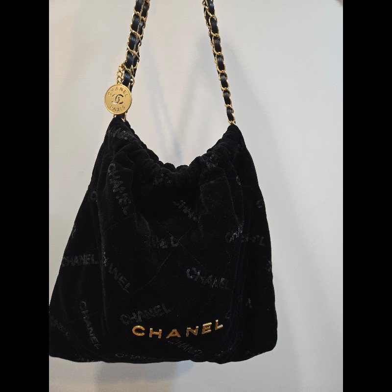 CHANEL 22 Bag 天鵝絨+CHANEL亮片(黑金)款-4