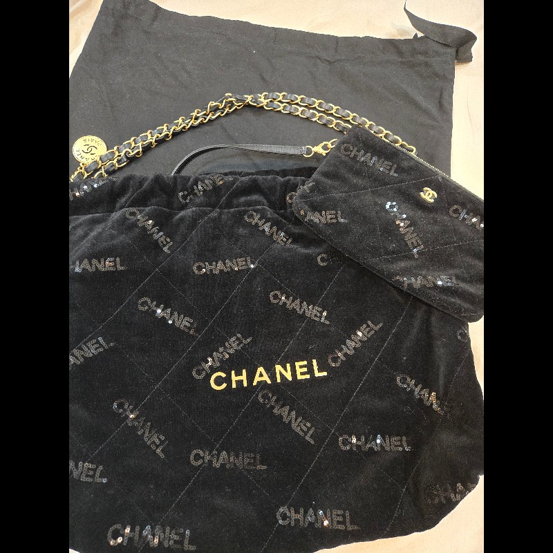 CHANEL 22 Bag 天鵝絨+CHANEL亮片(黑金)款-7