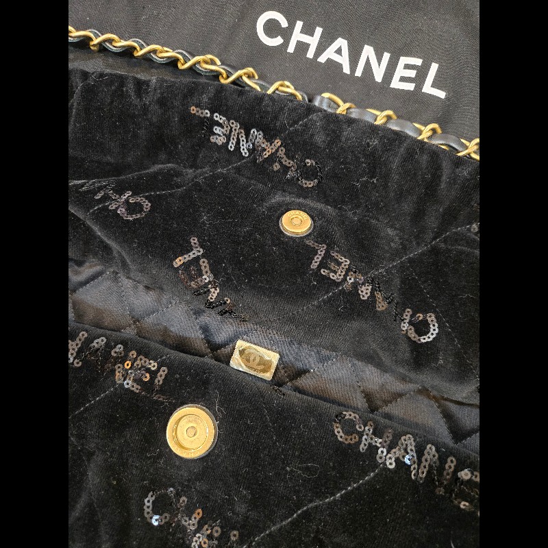 CHANEL 22 Bag 天鵝絨+CHANEL亮片(黑金)款-12