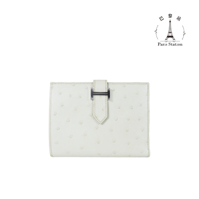 【巴黎站二手名牌專賣店】＊現貨＊HERMES愛馬仕真品＊K刻 Bearn Compact米白色鴕鳥皮銀釦短夾-0