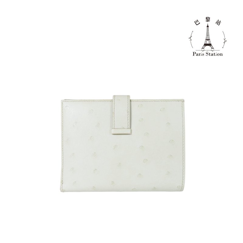 【巴黎站二手名牌專賣店】＊現貨＊HERMES愛馬仕真品＊K刻 Bearn Compact米白色鴕鳥皮銀釦短夾-1