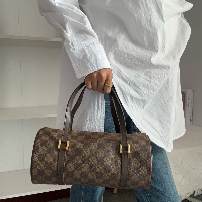 LV 中古巴比龍老花圓桶手提斜背包27*13*13 98新配件塵袋-0