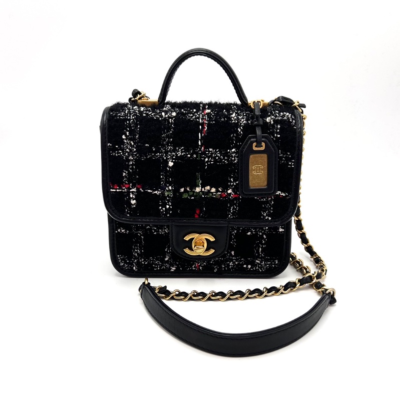 CHANEL 黑金22k毛呢手提肩背斜背豆腐包17*16*6.5 98新配件塵袋-1