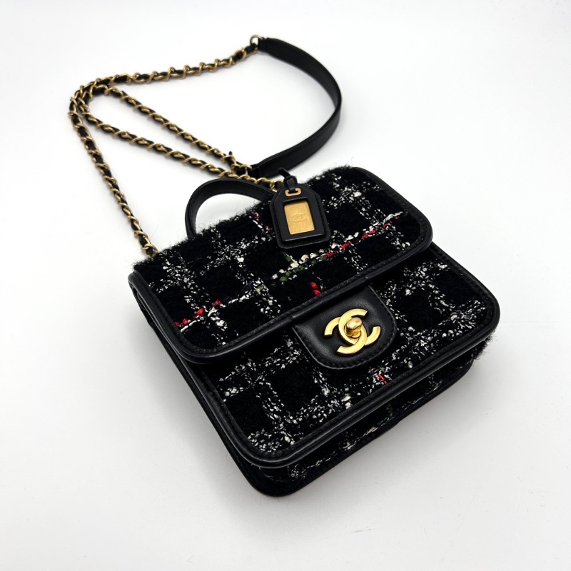 CHANEL 黑金22k毛呢手提肩背斜背豆腐包17*16*6.5 98新配件塵袋-5