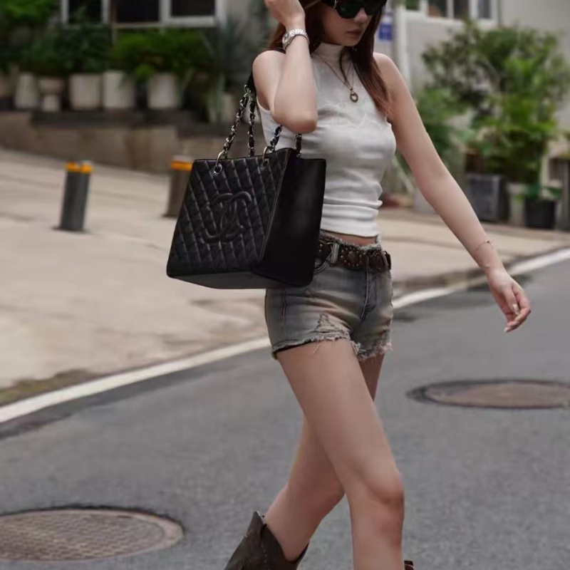 Chanel GST黑金荔枝紋牛皮托特包 34×24×12 98新配件塵袋-0