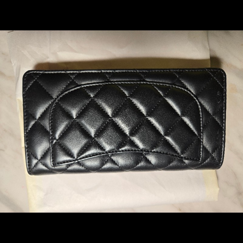 Chanel 黑銀羊皮經典雙C對開長夾-6