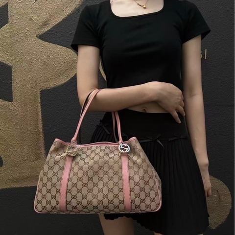 GUCCI 老花帆布拼皮托特35×24×13 98新配件塵袋