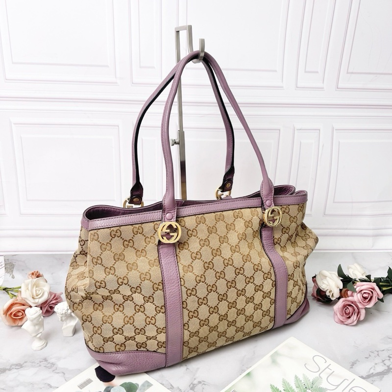 GUCCI 老花帆布拼皮托特35×24×13 98新配件塵袋-5