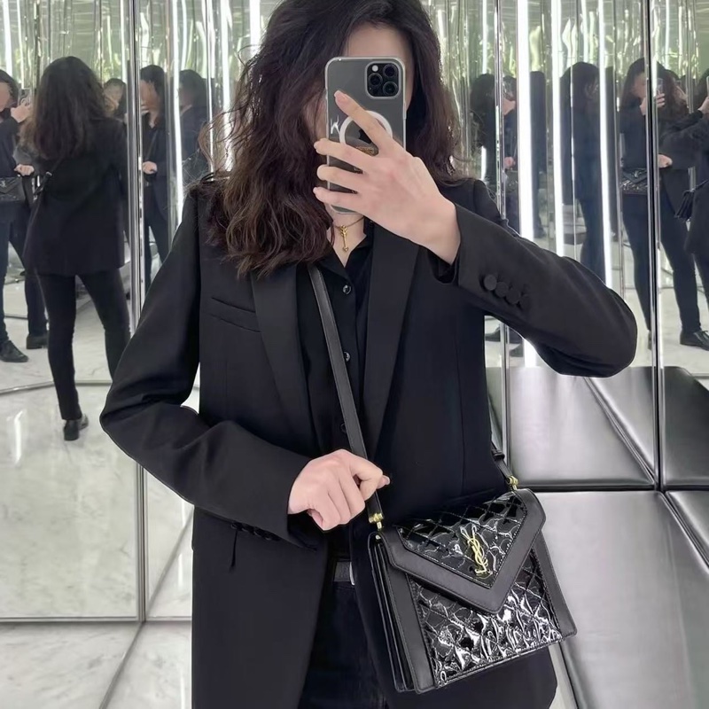 YSL GABY 黑色羊皮拼接漆皮肩背斜背包20*14.5*4.5 98新配件塵袋-0