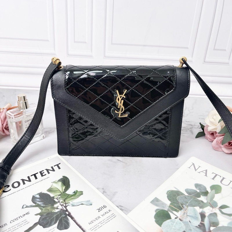 YSL GABY 黑色羊皮拼接漆皮肩背斜背包20*14.5*4.5 98新配件塵袋-1