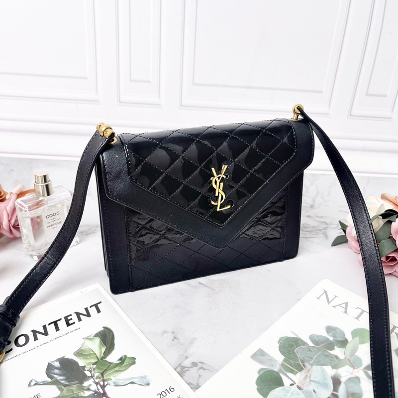 YSL GABY 黑色羊皮拼接漆皮肩背斜背包20*14.5*4.5 98新配件塵袋-3