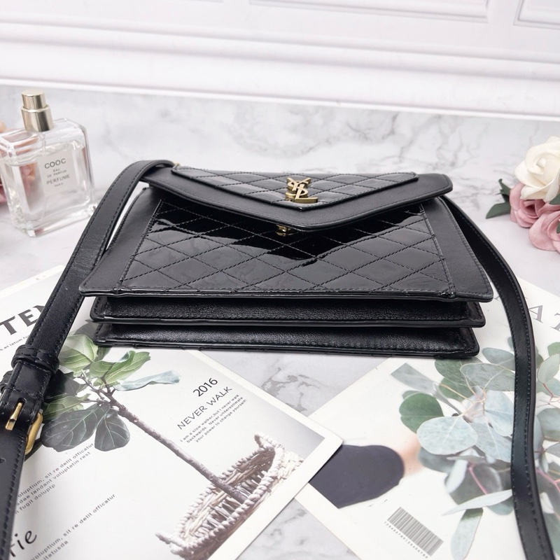 YSL GABY 黑色羊皮拼接漆皮肩背斜背包20*14.5*4.5 98新配件塵袋-4