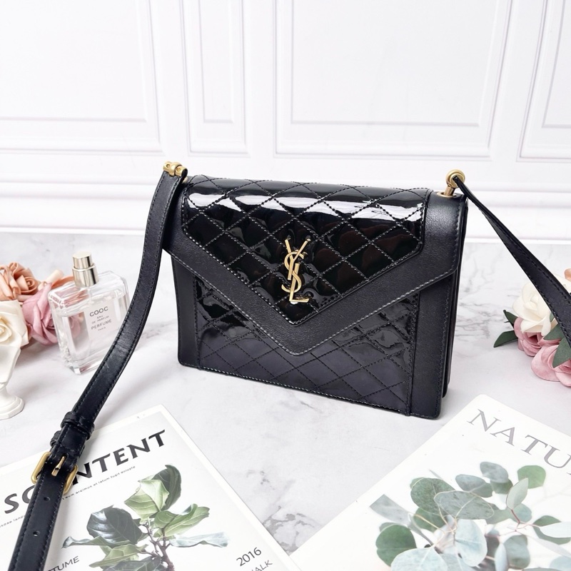 YSL GABY 黑色羊皮拼接漆皮肩背斜背包20*14.5*4.5 98新配件塵袋-5