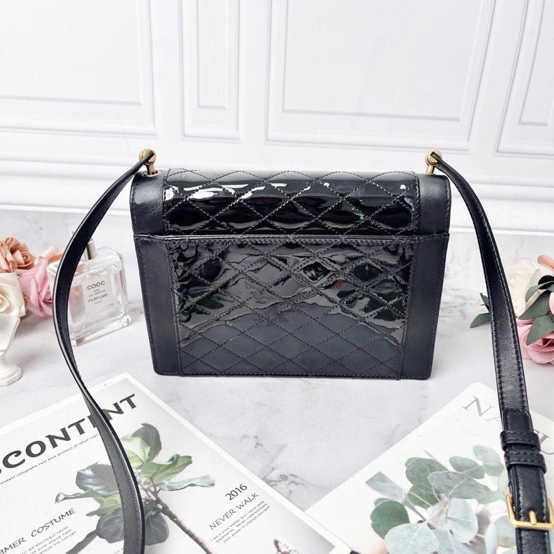 YSL GABY 黑色羊皮拼接漆皮肩背斜背包20*14.5*4.5 98新配件塵袋-6