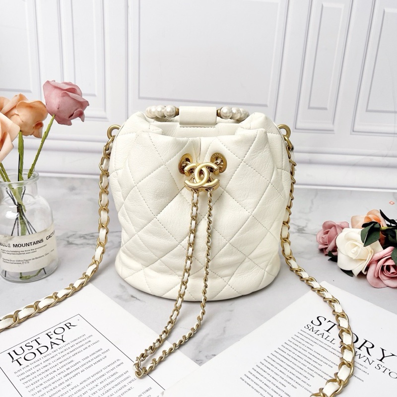 CHANEL 白色羊皮珍珠手提肩背包26*17*15 98新配件塵袋-1