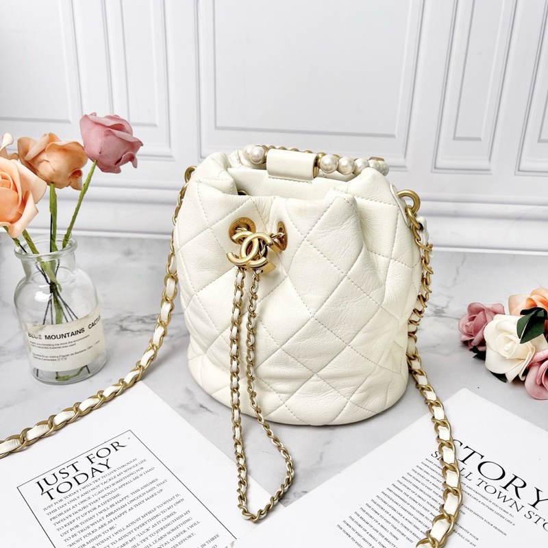 CHANEL 白色羊皮珍珠手提肩背包26*17*15 98新配件塵袋-5