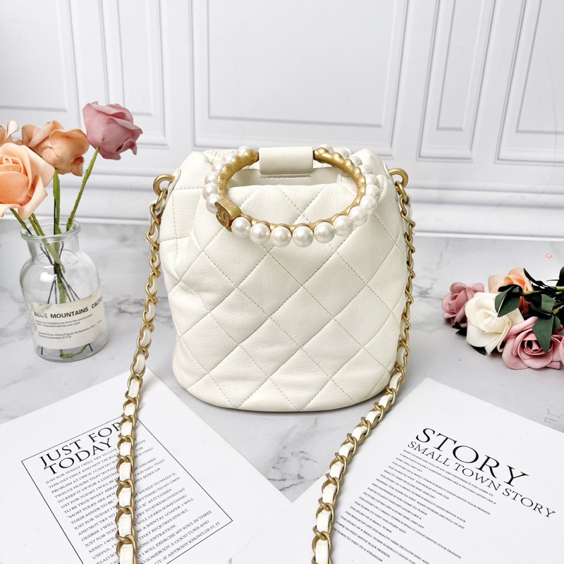 CHANEL 白色羊皮珍珠手提肩背包26*17*15 98新配件塵袋-6