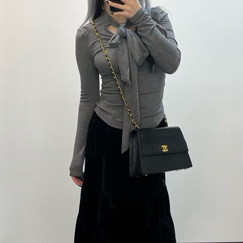 「JL精品代購」香奈兒中古黑金羊皮kelly型菱格紋鏈條包-1