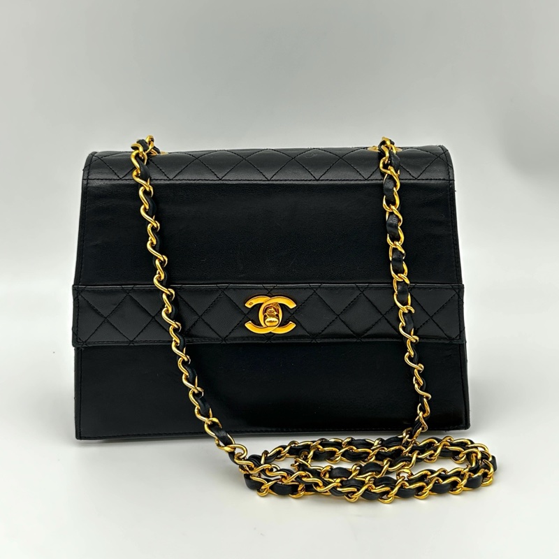 「JL精品代購」香奈兒中古黑金羊皮kelly型菱格紋鏈條包-3