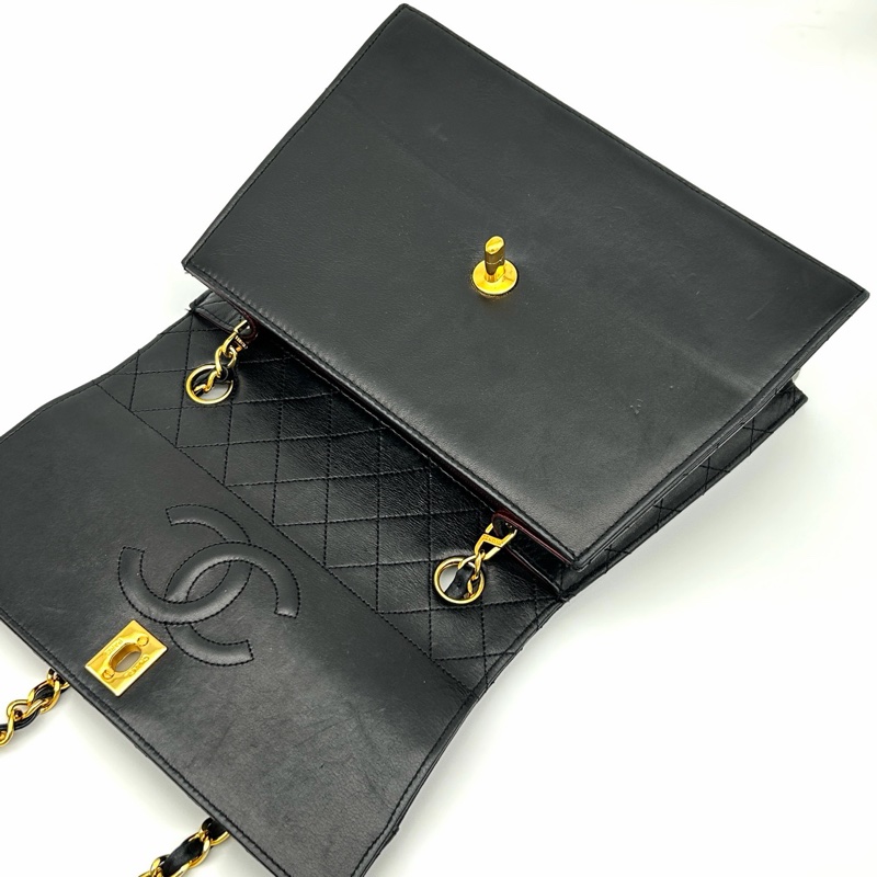 「JL精品代購」香奈兒中古黑金羊皮kelly型菱格紋鏈條包-5