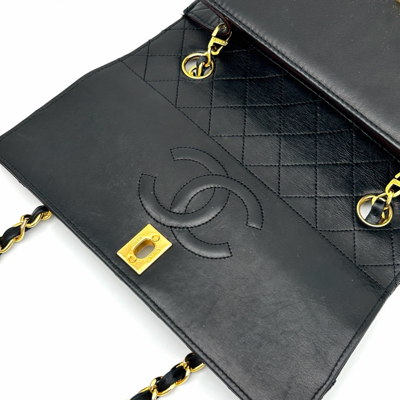 「JL精品代購」香奈兒中古黑金羊皮kelly型菱格紋鏈條包-13