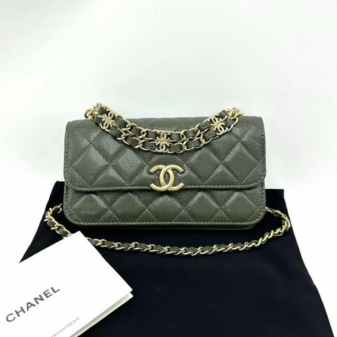 CHANEL 22k橄欖綠金扣woc手提斜背包17*9*4 98新配件塵袋