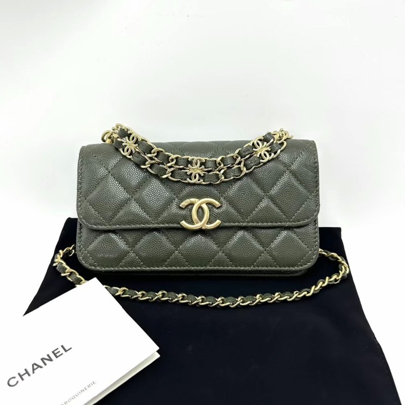CHANEL 22k橄欖綠金扣woc手提斜背包17*9*4 98新配件塵袋-0