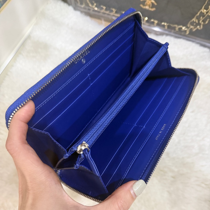 未使用的發財錢包✨就喜歡這種搭配💙香奈兒藍色荔枝牛皮 搭配 暗藍雙C釦💙chanel拉鏈長夾發財錢包-30