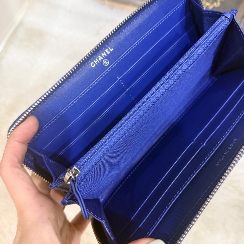 未使用的發財錢包✨就喜歡這種搭配💙香奈兒藍色荔枝牛皮 搭配 暗藍雙C釦💙chanel拉鏈長夾發財錢包-34