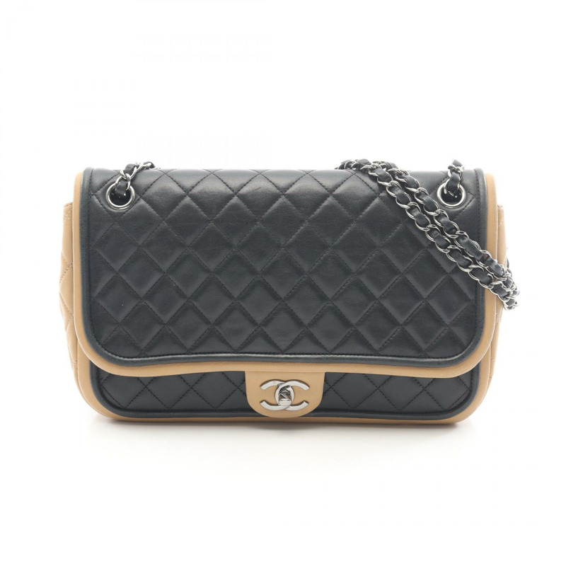 香奈兒 (CHANEL) Matelasse 雙色鏈條肩背包，羊皮材質，黑色米色，二手 CC-0