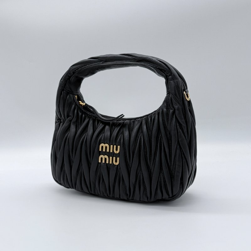 Miu Miu 繆繆 Wander Matelassé Hobo 黑色 羊皮 皺褶 肩背包 半月包 肩背包 (附背帶)-2