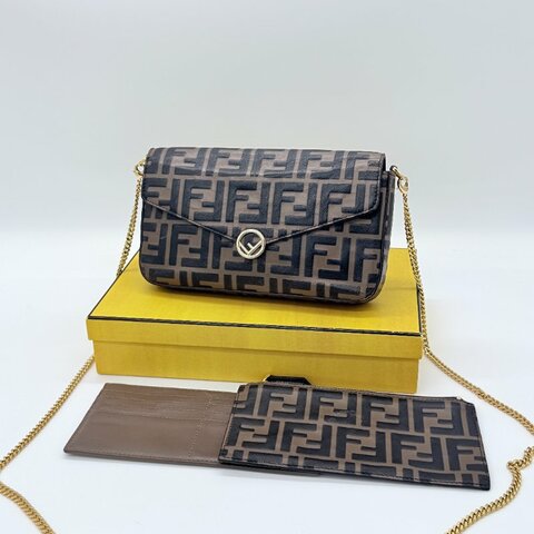 Fendi 芬迪 FF Logo 棕色 小牛皮 迷你鍊帶 肩背包 斜掛包 WOC