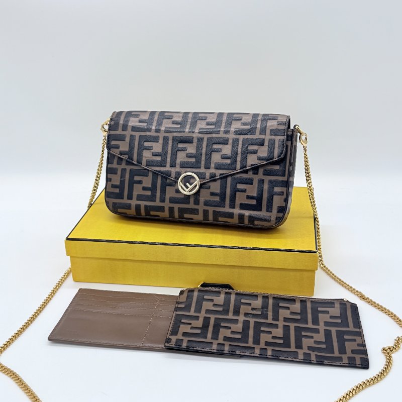 Fendi 芬迪 FF Logo 棕色 小牛皮 迷你鍊帶 肩背包 斜掛包 WOC-0