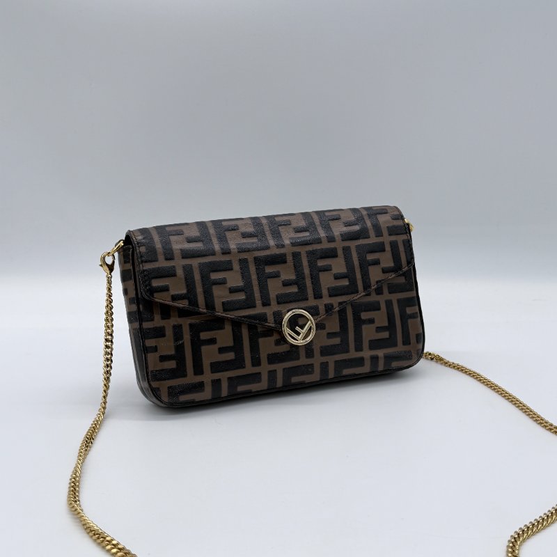 Fendi 芬迪 FF Logo 棕色 小牛皮 迷你鍊帶 肩背包 斜掛包 WOC-2