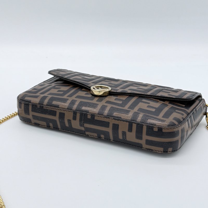 Fendi 芬迪 FF Logo 棕色 小牛皮 迷你鍊帶 肩背包 斜掛包 WOC-3