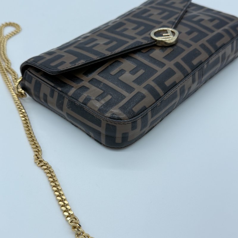 Fendi 芬迪 FF Logo 棕色 小牛皮 迷你鍊帶 肩背包 斜掛包 WOC-9