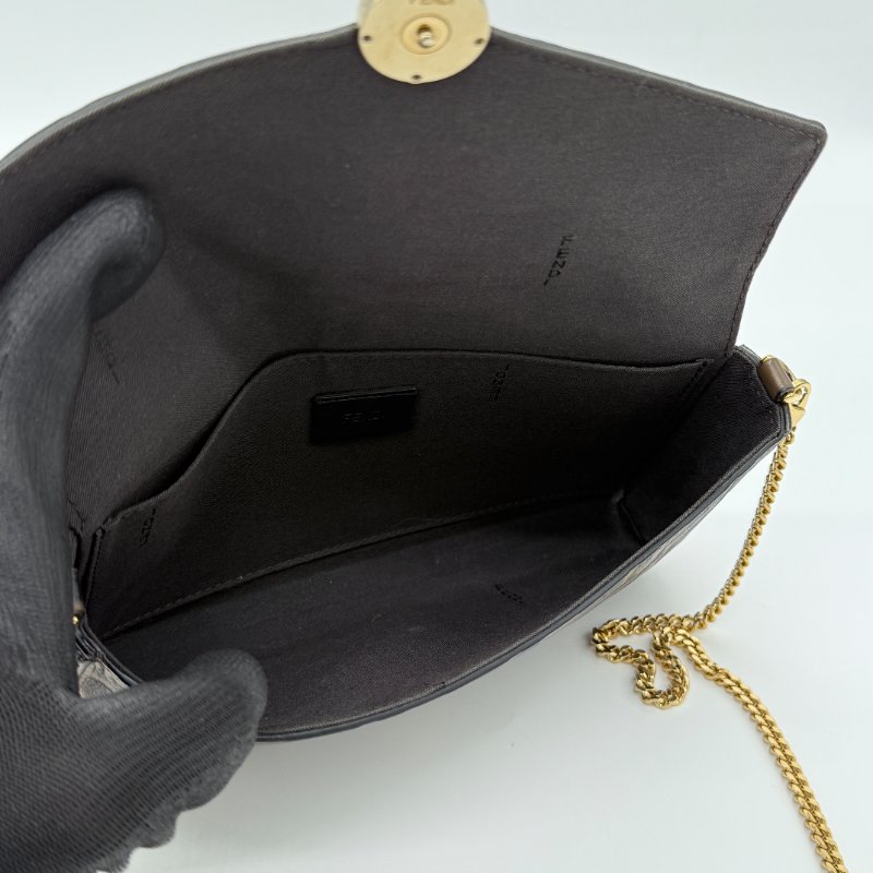 Fendi 芬迪 FF Logo 棕色 小牛皮 迷你鍊帶 肩背包 斜掛包 WOC-11