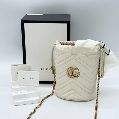 Gucci 古馳 GG Marmont 馬夢 米白色 牛皮 單肩包 迷你 鍊條 水桶包