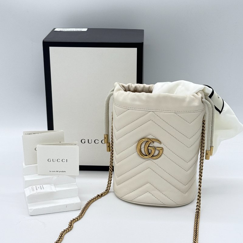 Gucci 古馳 GG Marmont 馬夢 米白色 牛皮 單肩包 迷你 鍊條 水桶包-0