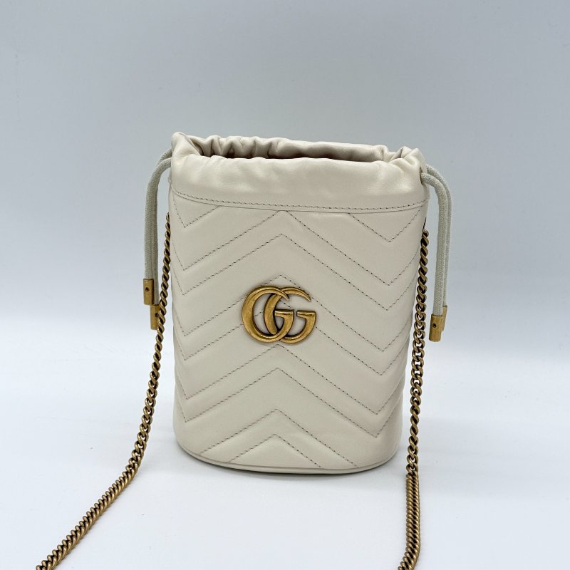 Gucci 古馳 GG Marmont 馬夢 米白色 牛皮 單肩包 迷你 鍊條 水桶包-1