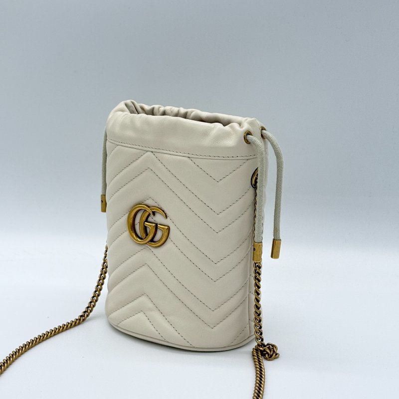Gucci 古馳 GG Marmont 馬夢 米白色 牛皮 單肩包 迷你 鍊條 水桶包-2