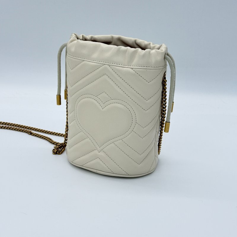 Gucci 古馳 GG Marmont 馬夢 米白色 牛皮 單肩包 迷你 鍊條 水桶包-3