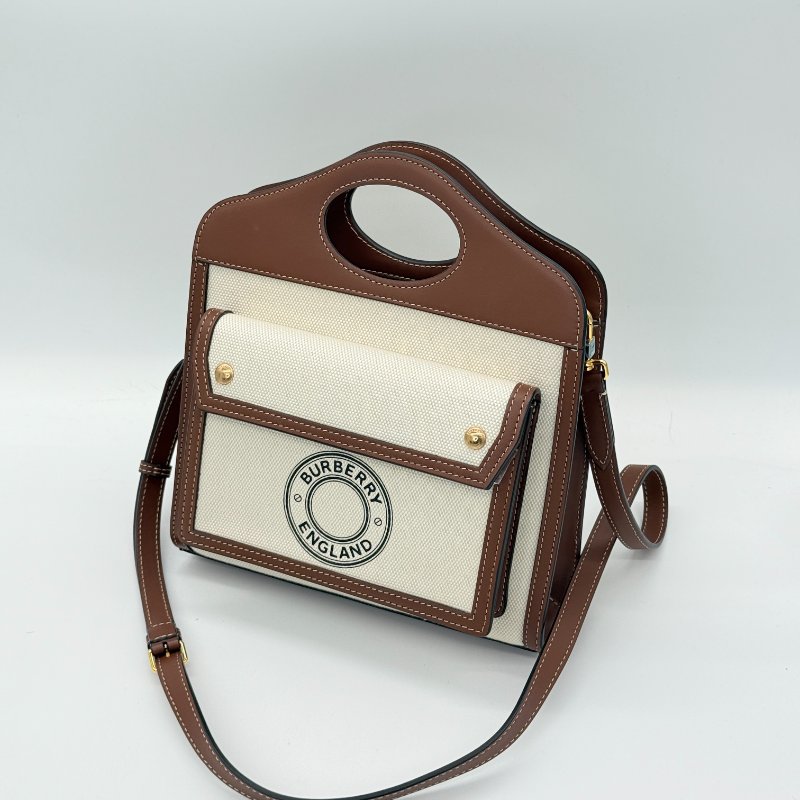 Burberry 巴寶莉 Mini Pocket 米色 棕色 帆布 牛皮 迷你口袋包 肩背包 手提包-1