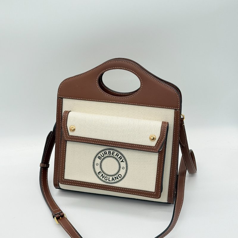 Burberry 巴寶莉 Mini Pocket 米色 棕色 帆布 牛皮 迷你口袋包 肩背包 手提包-2