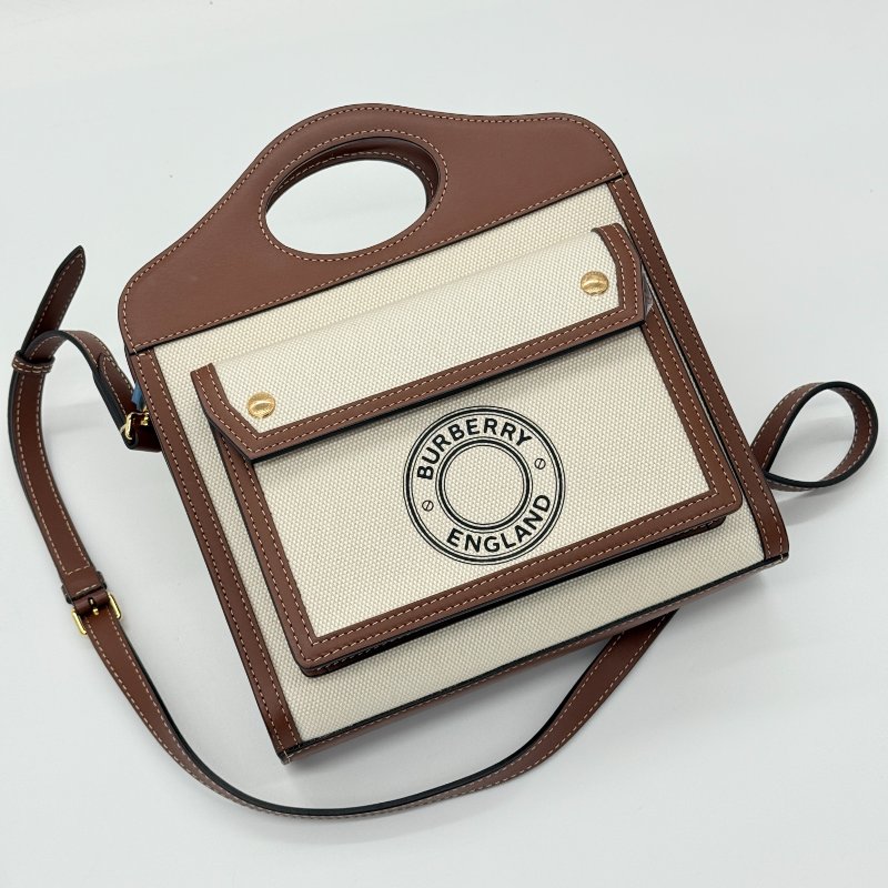 Burberry 巴寶莉 Mini Pocket 米色 棕色 帆布 牛皮 迷你口袋包 肩背包 手提包-3