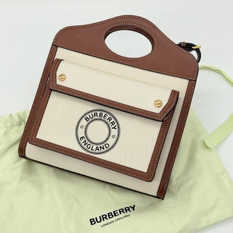 Burberry 巴寶莉 Mini Pocket 米色 棕色 帆布 牛皮 迷你口袋包 肩背包 手提包-5