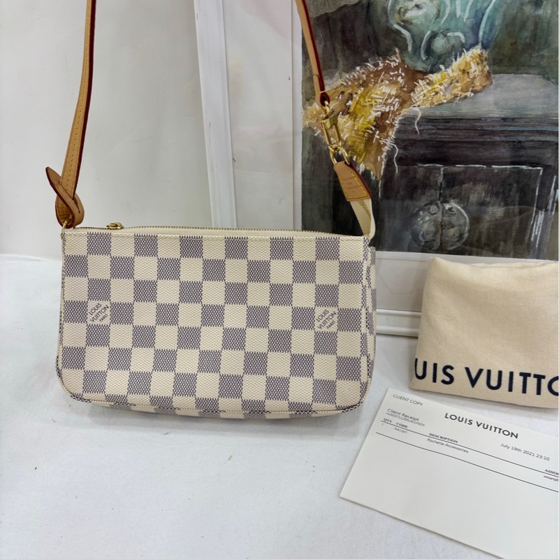 lv白棋盤格大麻將，配皮乾淨，晶片款 尺寸：24x14x3cm-1